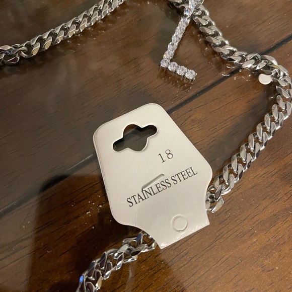 FASHION JEWELRY SILVER LETTER NECKLACE WOMEN STAINLESS STEEL RHINESTONE PENDANT - Picture 8 of 10